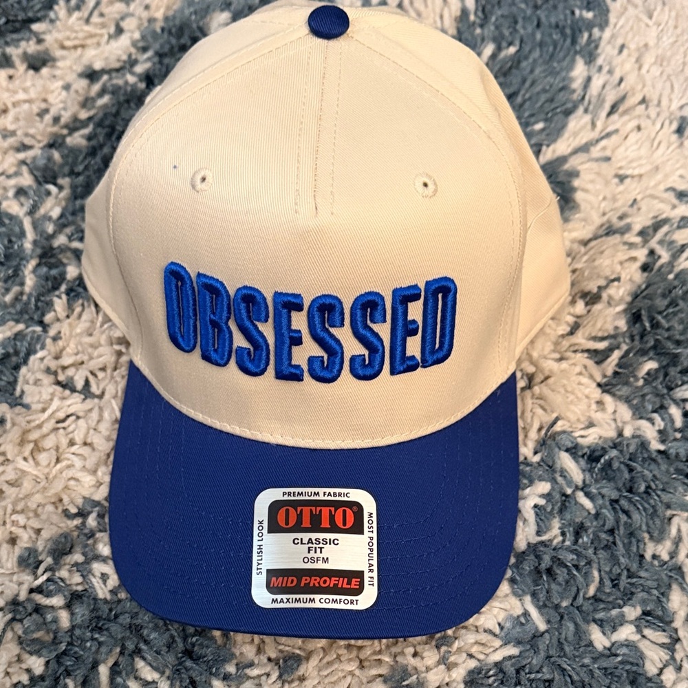 OTTO Cream and Blue 'OBSESSED' Embroidered Baseball Cap